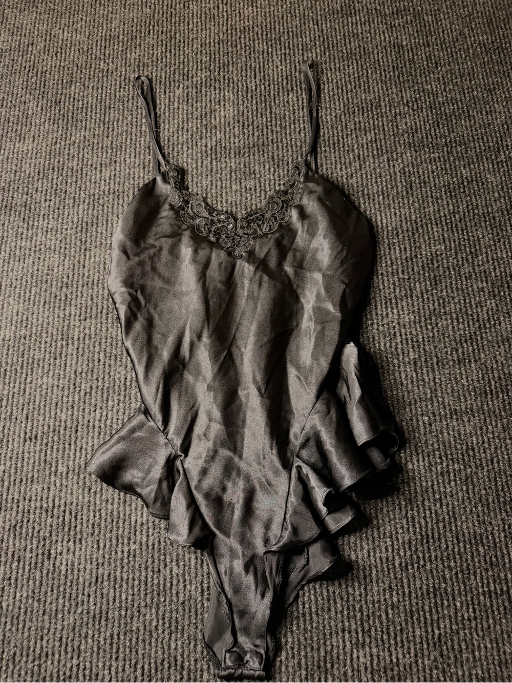 Vintage Lucie Ann II Black Satin Lace Ruffle Teddy Bodysuit M